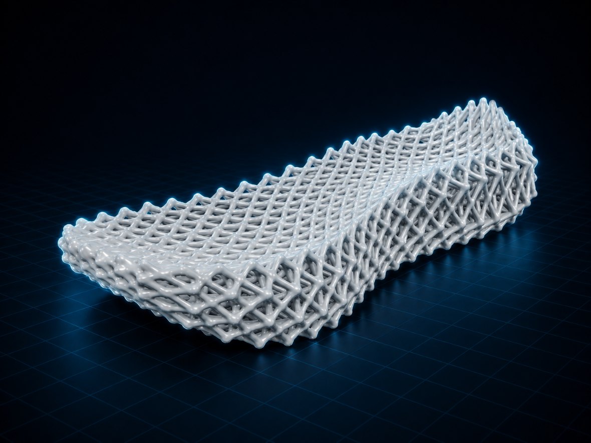 The generated midsole on its own: a graded strut lattice trimmed to the shape of the sole.