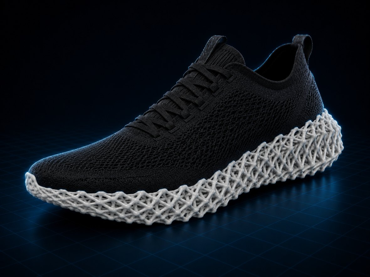 The same lattice midsole assembled into a finished running shoe.