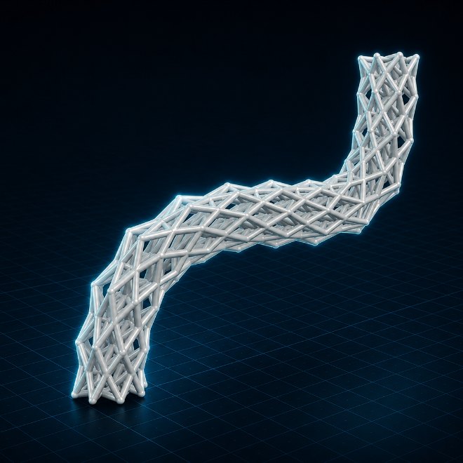 Curved bracket: A space truss carrying load around two bends.
