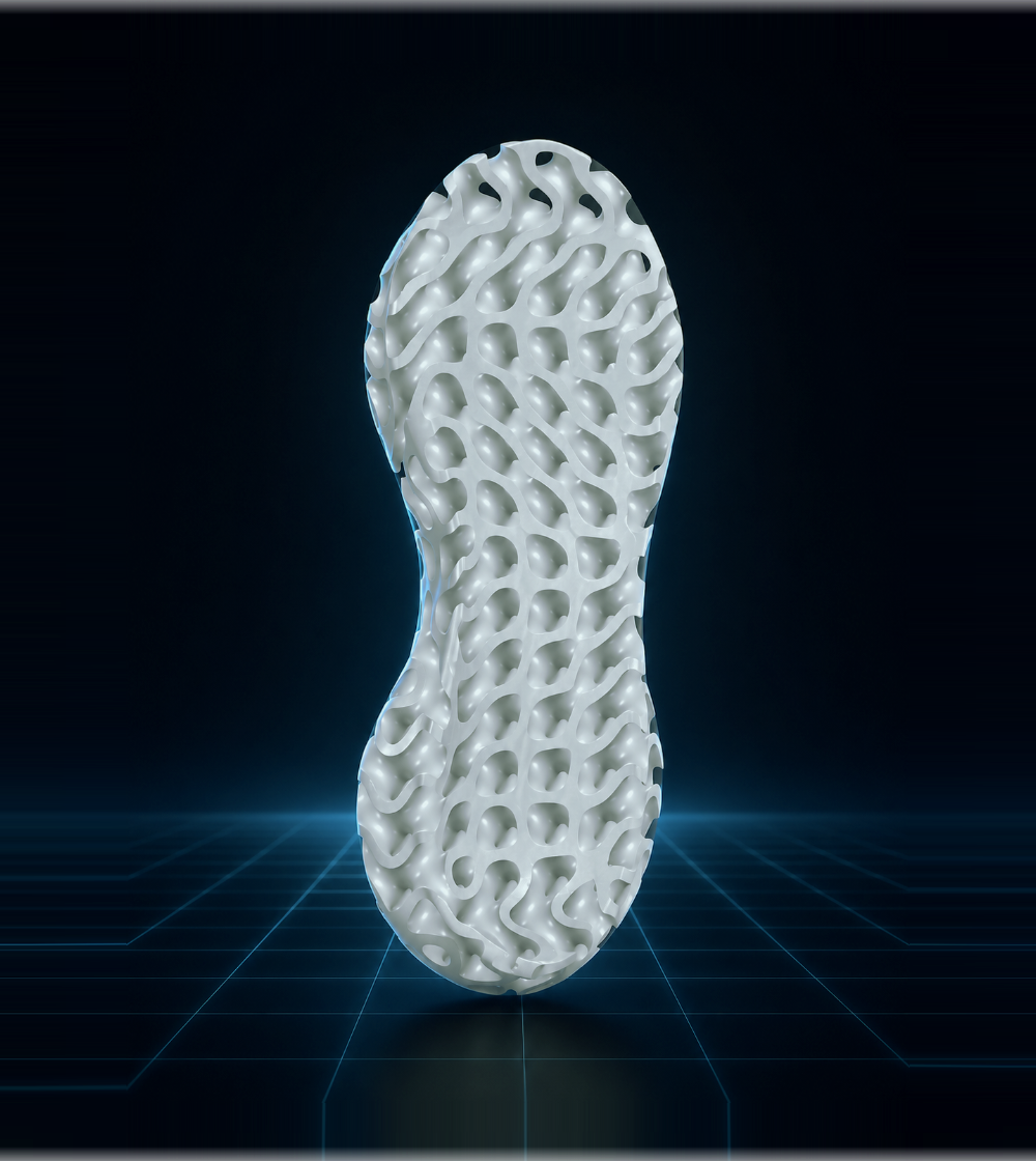 TPMS midsole: A continuous gyroid surface filling the whole sole — cushioning graded zone by zone, open and printable throughout.