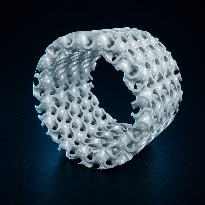 Duct core: A gyroid surface packed into a straight bore, leaving continuous channels on both sides for flow and heat.