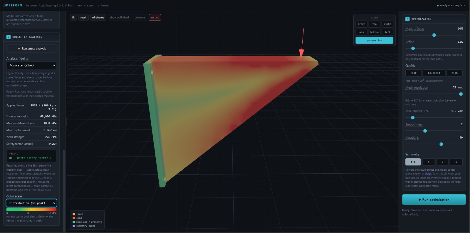 FEM stress distribution across the solid bracket, green through red.