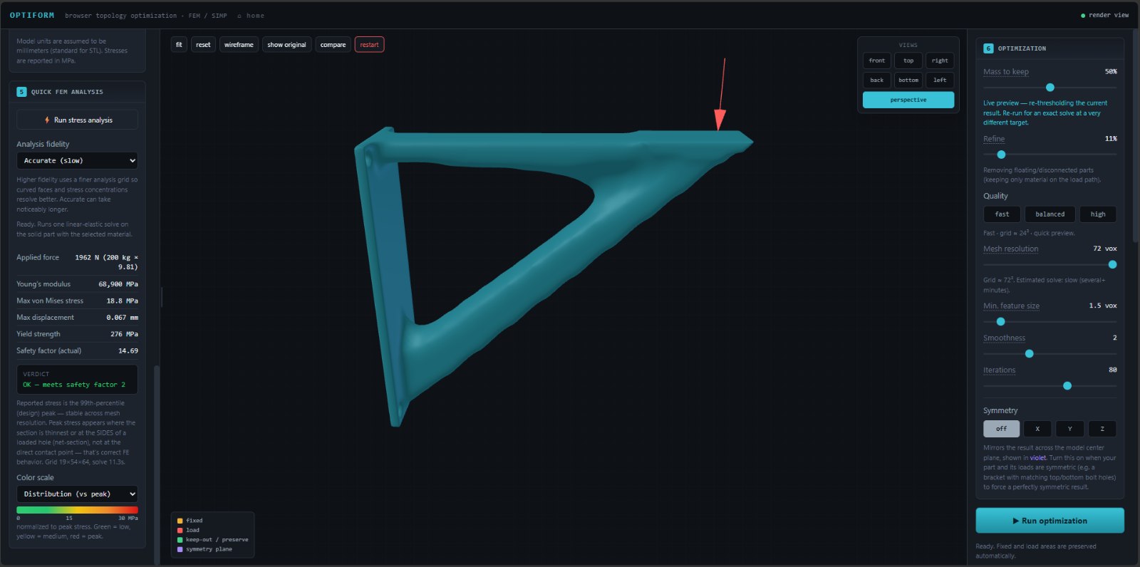 The optimized bracket geometry after the SIMP solve, shown as a clean solid.