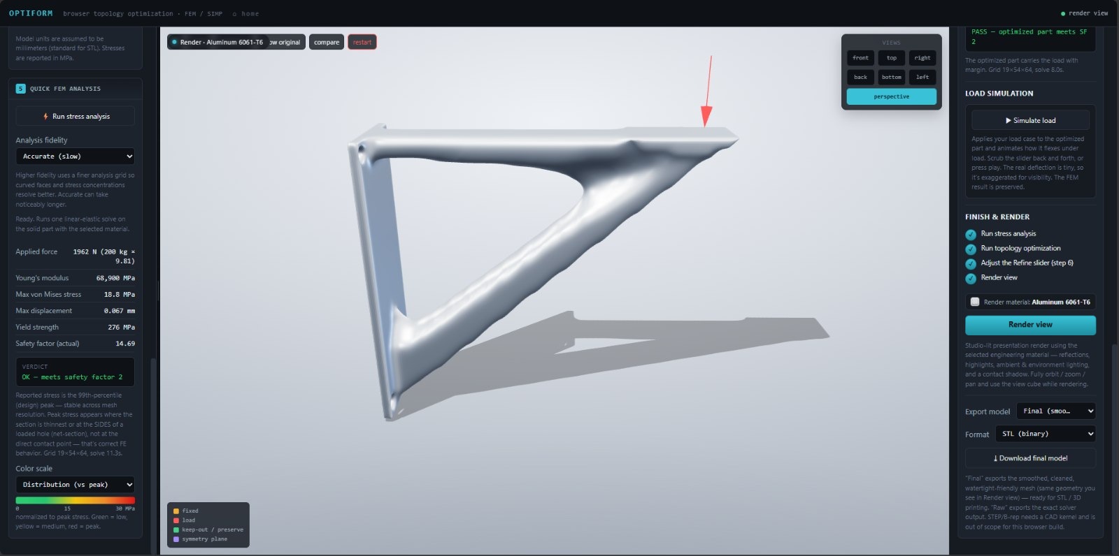 The finished bracket in studio-lit render view, with the export controls set to binary STL.