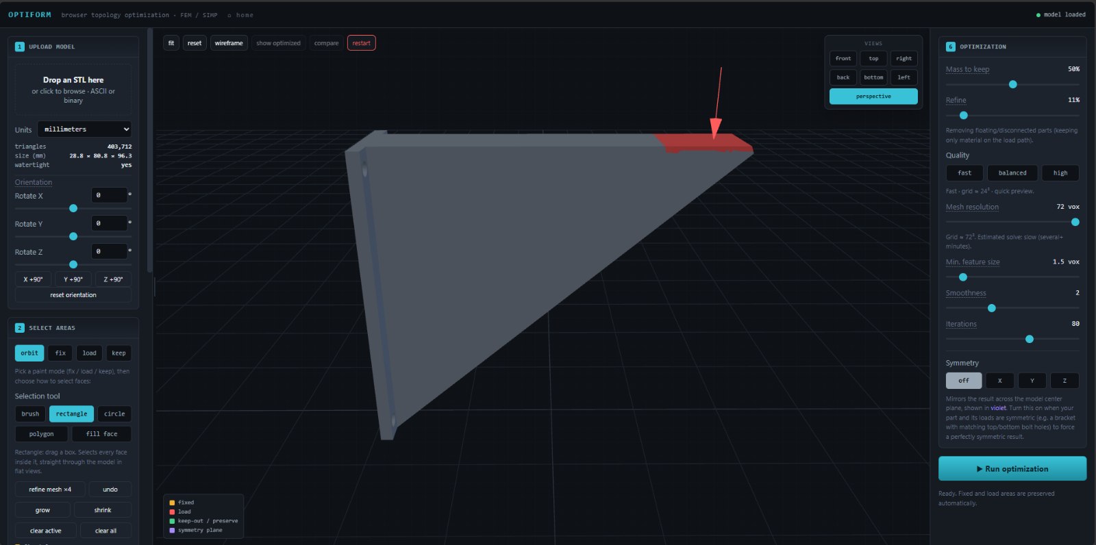 The uploaded bracket in the viewport with the upload, orientation and area-selection panels open.
