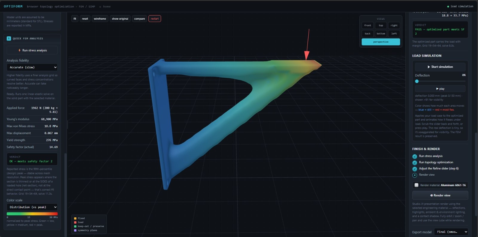 Load simulation on the optimized part, coloured blue where it is still and warm where it flexes.